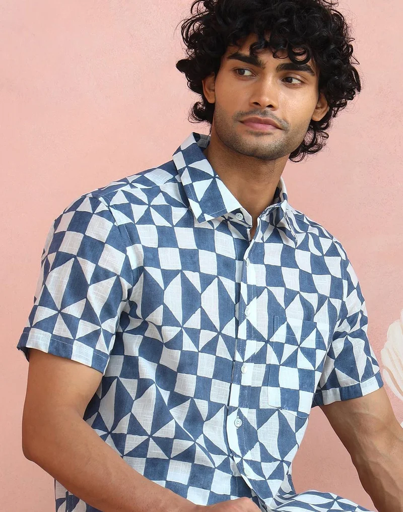 Fabindia  White-Blue Cotton Hand Block Printed Bush Shirt for Men | Best Price UAE