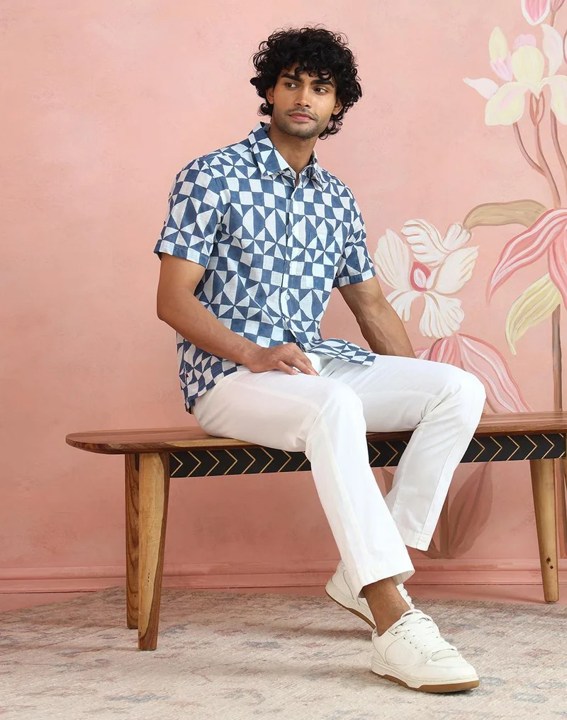 Fabindia  White-Blue Cotton Hand Block Printed Bush Shirt for Men | Best Price UAE