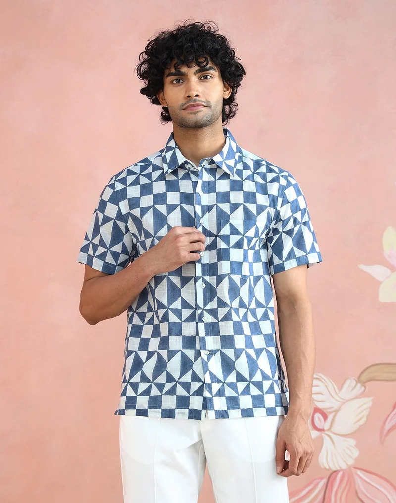 فاب انديا White-Blue Cotton Hand Block Printed Bush Shirt