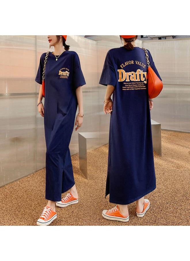 Generic - Summer New Korean Style Fashion Large Size Women's Clothing Split Print T-shirt Long Skirt Over-the-knee Chubby Girl Dress - Image 1