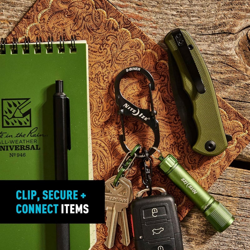 NiteIze س-باينر سلايد لوك قفل مزدوج من الفولاذ المقاوم للصدأ - حامل مفاتيح س-باينر مع بوابة قفل - منظم كارابينر للمفاتيح وإكسسوارات التخييم - أحجام متنوعة، أسود (3 عبوات) - Image 2