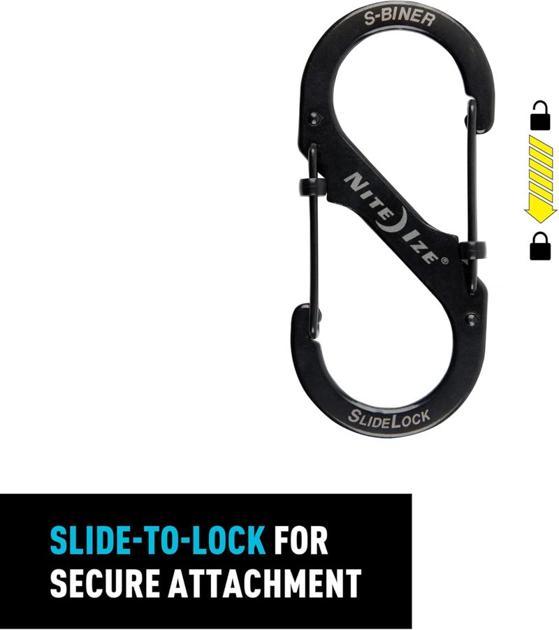 NiteIze س-باينر سلايد لوك قفل مزدوج من الفولاذ المقاوم للصدأ - حامل مفاتيح س-باينر مع بوابة قفل - منظم كارابينر للمفاتيح وإكسسوارات التخييم - أحجام متنوعة، أسود (3 عبوات) - Image 4