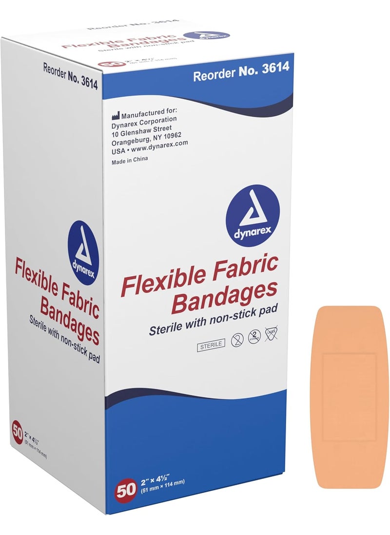Dynarex Dynarex 3614 Fabric Adhesive Bandage, Sterile & Flexible Fabric Bandage for Wounds, Non-Stick Pads, Individually-Wrapped First Aid Supplies, No Latex, 2x4-1/2", Pack of 50 