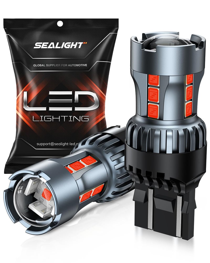 SEALIGHT مصباح LED أحمر للفرامل SEALIGHT 7443 7440، مصباح LED T20 7441 7444 992 W21W مع بروجيكتور لمصابيح التوقف والركن والوميض، عبوة من 2 - Image 1