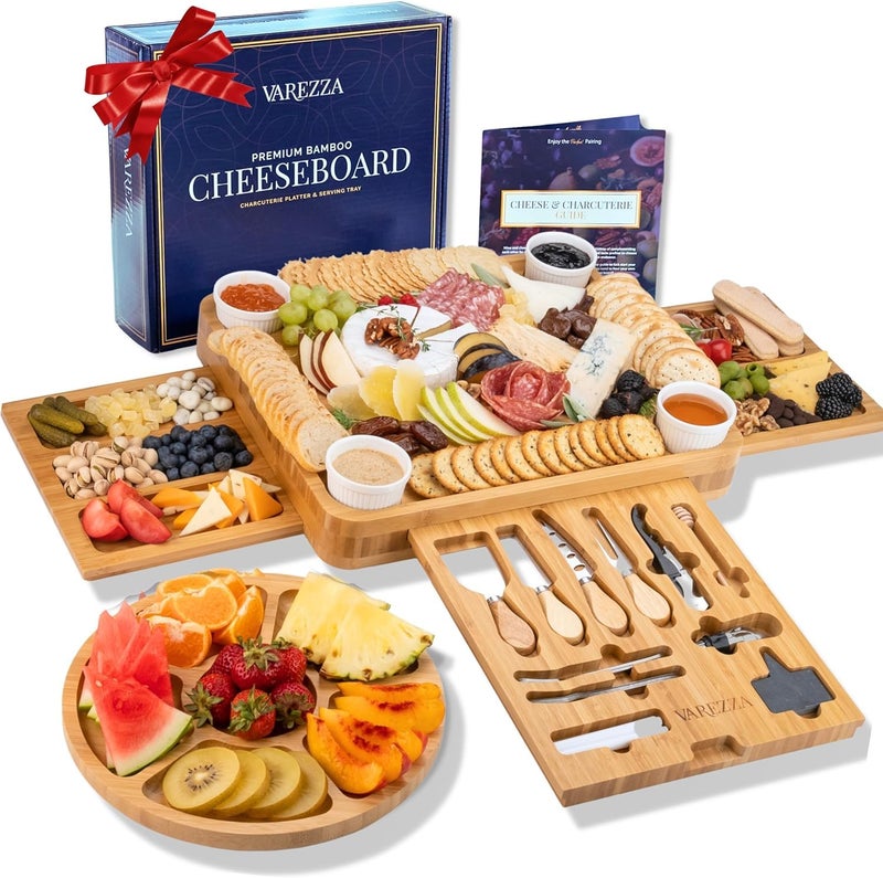 VAREZZA Bamboo Cheese Board and Knife Set Extra Large Charcuterie Board Set  Serving Board Side Tray Round Fruit Platter 23 Entertaining Accessories for House Warming Gifts
