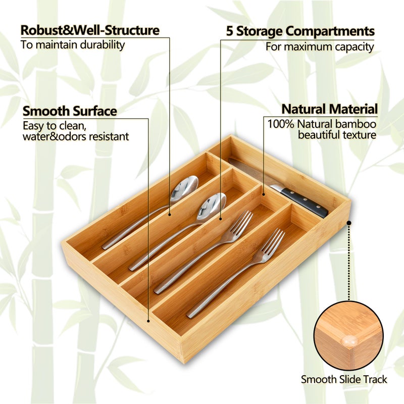 SUNBREATH Silverware Organizer, 10 Inch Utensil Organizer Kitchen Drawer Organizer Bamboo Silverware Holder Cutlery Tray Organizer in Drawer Flatware Organizer Tray(5 slots, Natural - Image 3