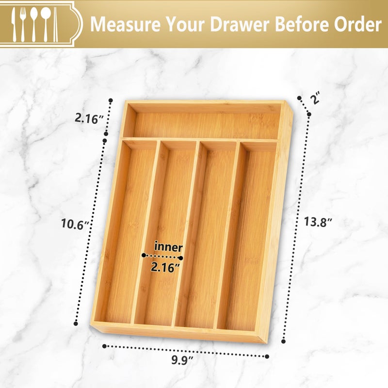 SUNBREATH Silverware Organizer, 10 Inch Utensil Organizer Kitchen Drawer Organizer Bamboo Silverware Holder Cutlery Tray Organizer in Drawer Flatware Organizer Tray(5 slots, Natural - Image 2