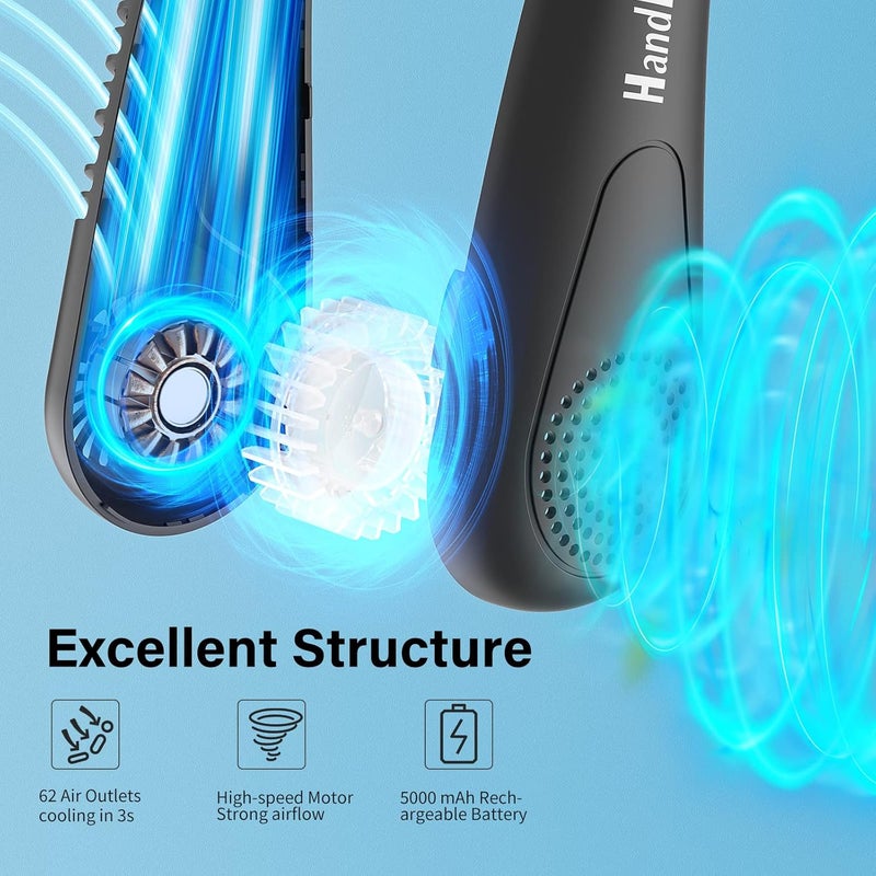 HandFan 5000mAh Neck Fan Bladeless Portable Rechargeable Lazy Wearable Fan,USB HandsFree Fan, Mute 3-Speed 15 hrs Working Time For Outdoor Travel (Black) - Image 5