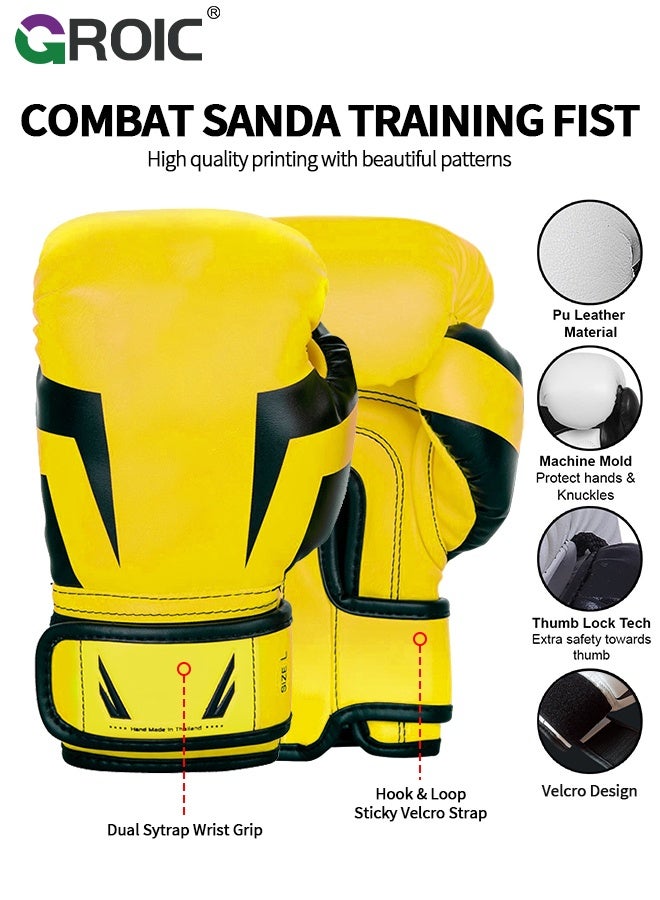 GROIC 12OZ Boxing Gloves PU Leather, Muay Thai Kickboxing MMA Sparring Training, Advanced TAKKA Closure, Padding, Punch Bags Speed Ball Focus Pads Workout(Yellow) - Image 2