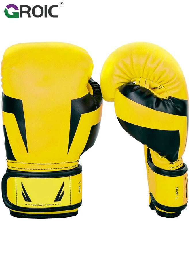 GROIC 12OZ Boxing Gloves PU Leather, Muay Thai Kickboxing MMA Sparring Training, Advanced TAKKA Closure, Padding, Punch Bags Speed Ball Focus Pads Workout(Yellow) - Image 1