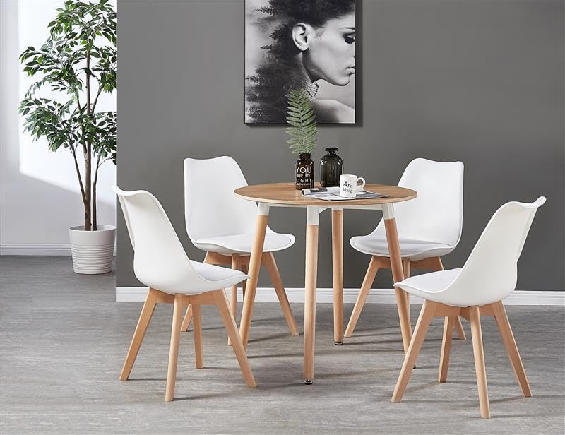 Life Interiors Dining Set of 4 Chairs and Table  80 cm Round Dining Table  Dining Room Chairs Set of 4 with Cushions  PU Padded Seat wSolid Wood Legs  Modern Round Dining Table Set  White