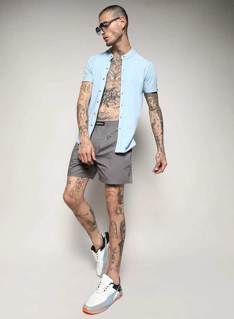 Campus Sutra Campus Sutra Men's Light Blue Basic Shirt For Casual Wear | Mandarin Collar | Short Sleeve | Button Closure | Cotton Shirt Crafted With Comfort Fit For Everyday Wear