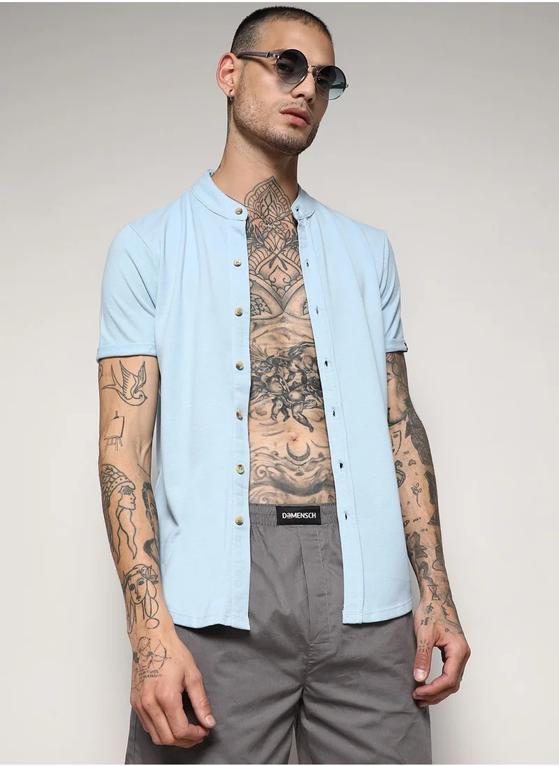 Campus Sutra Campus Sutra Men's Light Blue Basic Shirt For Casual Wear | Mandarin Collar | Short Sleeve | Button Closure | Cotton Shirt Crafted With Comfort Fit For Everyday Wear