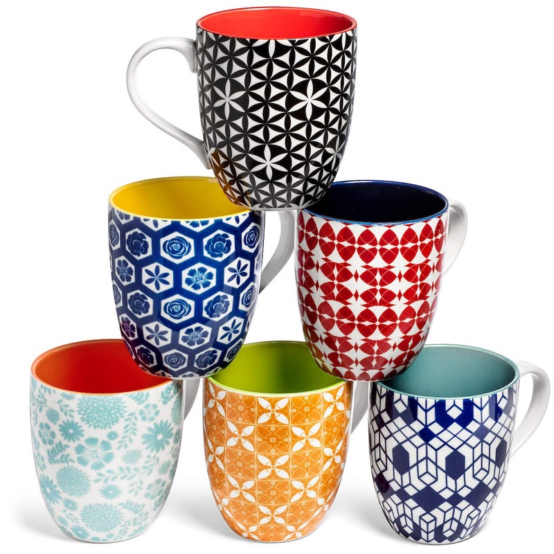 Annovero Large Coffee Mug Set of 6 - Porcelain Cups for Women or Men - Microwave & Dishwasher Safe, Chip Resistant, Zero Lead & Cadmium, for Tea, Cocoa, or Hot Chocolate, 16 Fluid Ounce Capacity - Image 1