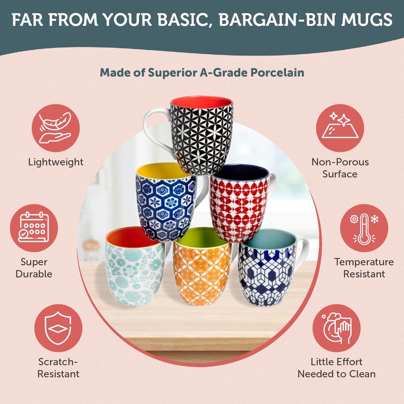 Annovero Large Coffee Mug Set of 6 - Porcelain Cups for Women or Men - Microwave & Dishwasher Safe, Chip Resistant, Zero Lead & Cadmium, for Tea, Cocoa, or Hot Chocolate, 16 Fluid Ounce Capacity - Image 5