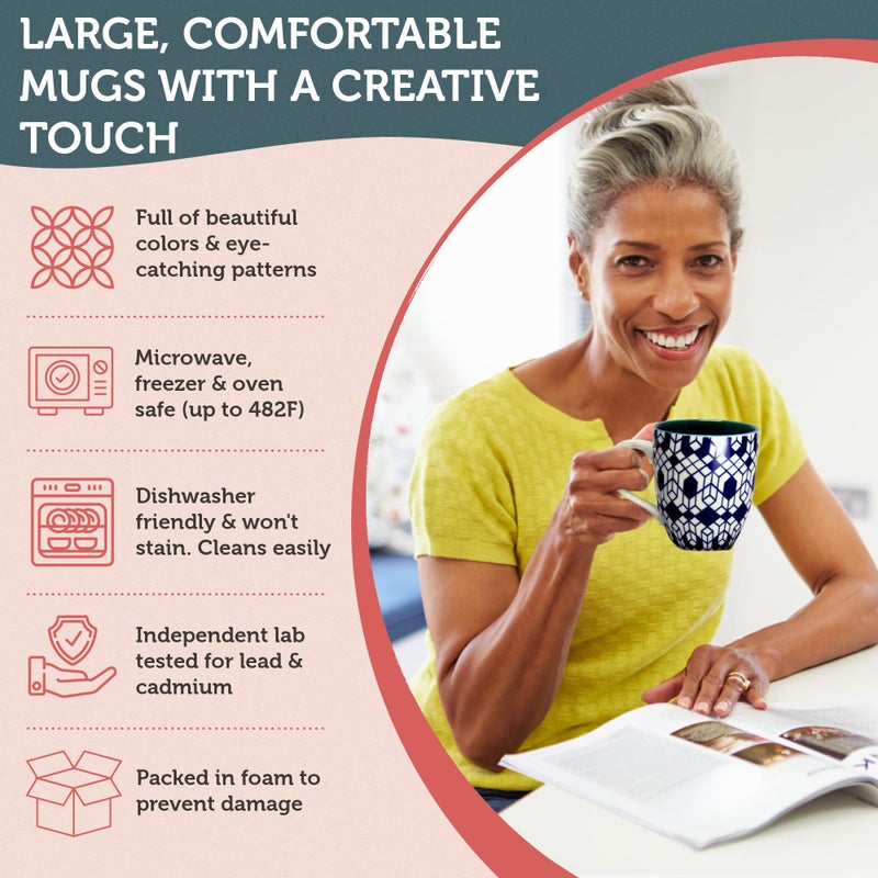 Annovero Large Coffee Mug Set of 6 - Porcelain Cups for Women or Men - Microwave & Dishwasher Safe, Chip Resistant, Zero Lead & Cadmium, for Tea, Cocoa, or Hot Chocolate, 16 Fluid Ounce Capacity - Image 4