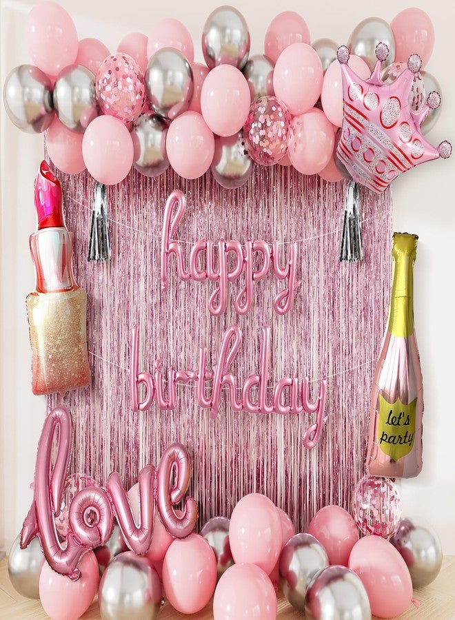 Haolongfa Pink Happy Birthday Decorations for Women and Girls - Pink and Silver Balloons, Happy Birthday Banner, Foil Crown Love Balloons with Fringe Curtain for Birthday Party Supplies - Image 1