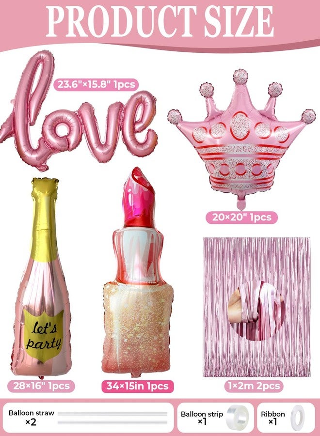 Haolongfa Pink Happy Birthday Decorations for Women and Girls - Pink and Silver Balloons, Happy Birthday Banner, Foil Crown Love Balloons with Fringe Curtain for Birthday Party Supplies - Image 3