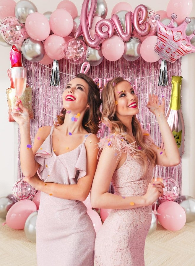 Haolongfa Pink Happy Birthday Decorations for Women and Girls - Pink and Silver Balloons, Happy Birthday Banner, Foil Crown Love Balloons with Fringe Curtain for Birthday Party Supplies - Image 5