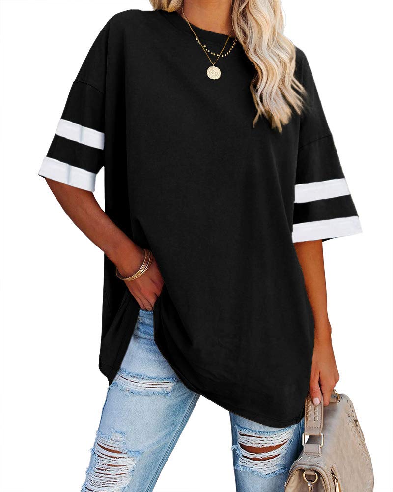Fisoew Womens Oversized Tees Loose T Shirts Half Sleeve Crew Neck Color Block Cotton Tunic Tops Black - Image 1