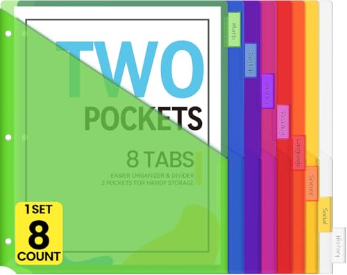 Sooez 8 Count Dividers with Pockets, 8 Tabs Binder Dividers for 3 Ring Binders, Binder Dividers with tabs, Binder Divider with Pockets for US Letter Size, Insertable Big Tabs, Multicolor, Set of 1 - Image 1