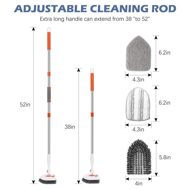 SetSail Floor Scrub Brush, 3-In-1 Tile Tub Floor Scrubber with 52-inch Adjustable Long Handle Shower Cleaner and 3 Detachable Replacement Brush Heads for Cleaning Bathroom Kitchen Walls Tub Tile - Image 2