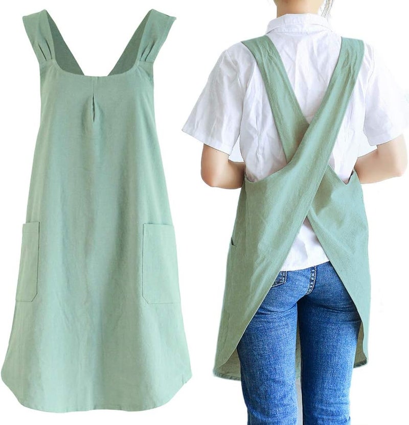 NEWGEM Japanese Linen Cross Back Cooking Aprons for Women Men with Pockets Cute for Baking Kitchen - Image 1