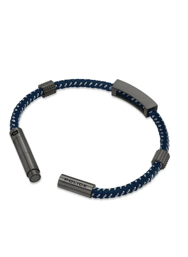 POLICE Assault Grey Stainless Steel and Blue White Braided Leather Bracelet for Men 190mm