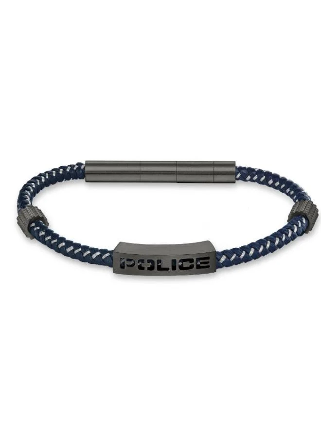 POLICE Assault Grey Stainless Steel and Blue White Braided Leather Bracelet for Men 190mm