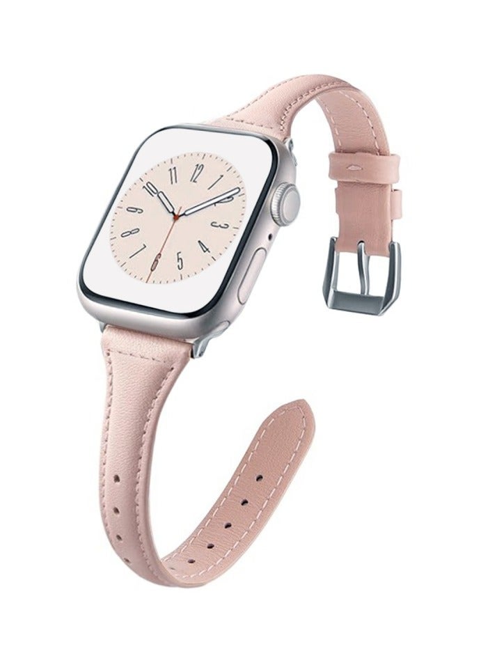 Slim Genuine Leather Band Compatible with Apple Watch Women, 42(Series 3)/44mm/45mm/46mm/49mm Display Compatible with iWatch Series 10/9/8/7/6/5/4/3/SE/SE2/Ultra, Adjustable wrist size (Pink)