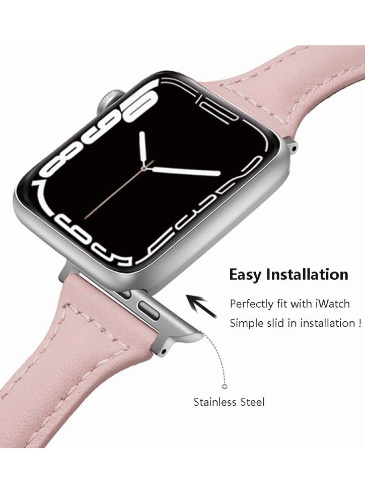 Slim Genuine Leather Band Compatible with Apple Watch Women, 42(Series 3)/44mm/45mm/46mm/49mm Display Compatible with iWatch Series 10/9/8/7/6/5/4/3/SE/SE2/Ultra, Adjustable wrist size (Pink) - Image 2