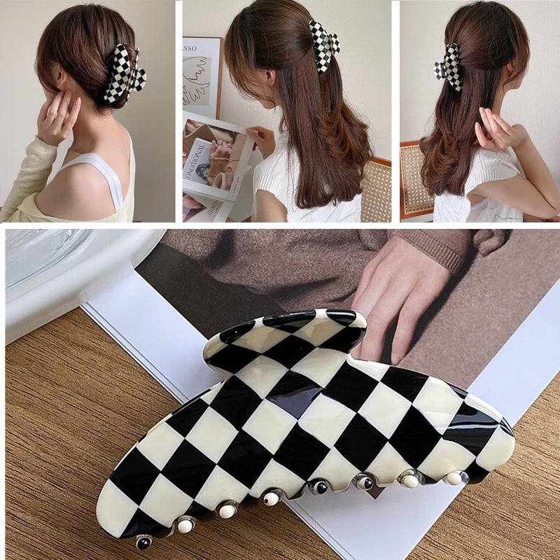 Fsmiling Womens Checkered Hair Clip Large Checkered Claw Clips Black And White Jaw Clip,2pack - Image 4