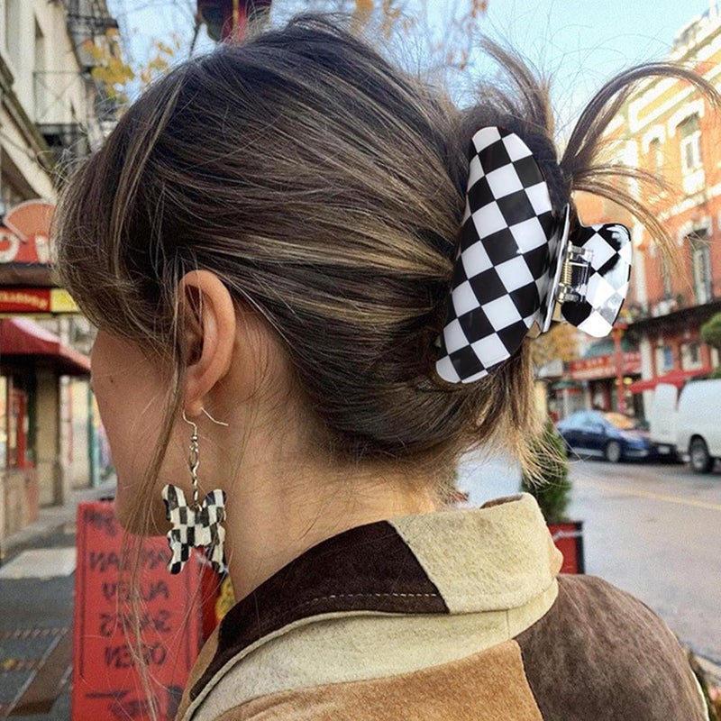 Fsmiling Womens Checkered Hair Clip Large Checkered Claw Clips Black And White Jaw Clip,2pack - Image 2