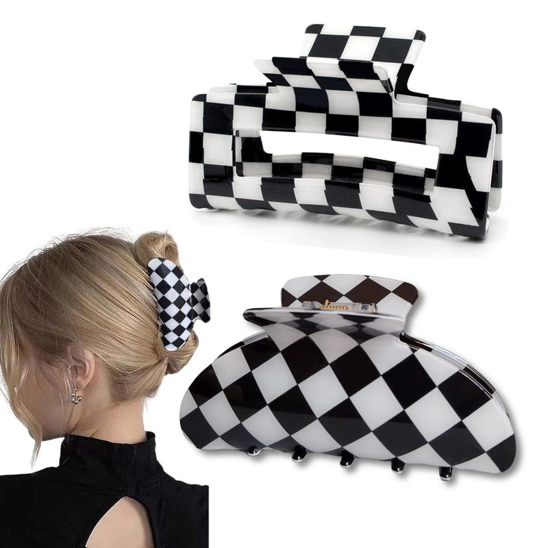 Fsmiling Womens Checkered Hair Clip Large Checkered Claw Clips Black And White Jaw Clip,2pack - Image 1
