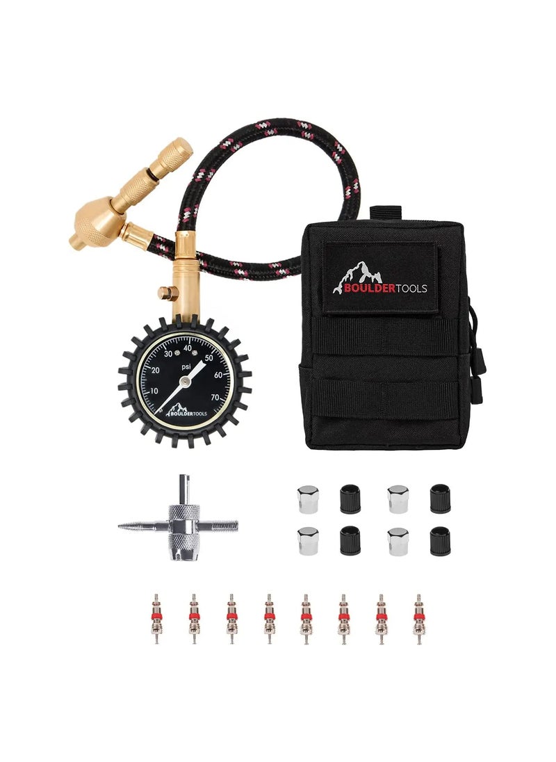 Boulder Tools Boulder Tools Heavy Duty Rapid Tire Deflator & Molle Pouch - Precision Release Button Air Down Offroad Kit - Glows in Dark, Bonus: Valve Caps, Cores, Repair Tool | Quickly Deflate 4x4 Off Road Tires  - Image 1