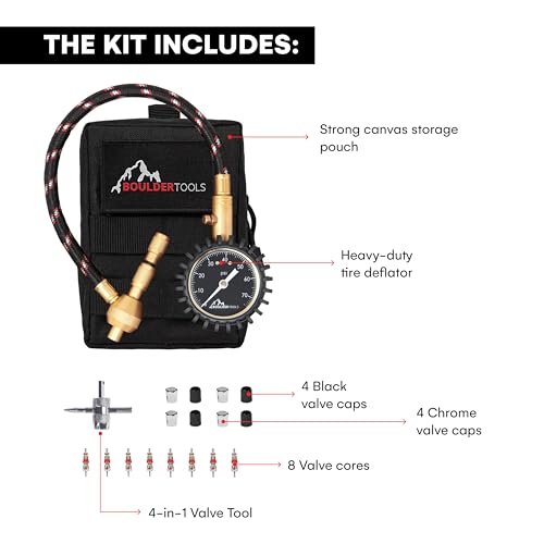 Boulder Tools Heavy Duty Rapid Tire Deflator & Molle Pouch - Precision Release Button Air Down Offroad Kit - Glows in Dark, Bonus: Valve Caps, Cores, Repair Tool | Quickly Deflate 4x4 Off Road Tires - Image 3