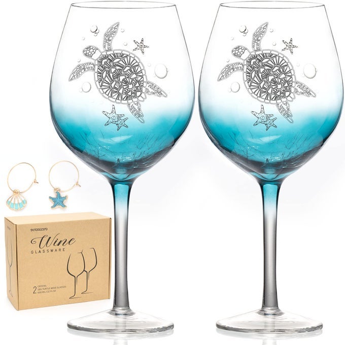 HAND BLOWN WINE GLASSES FOR RED WHITE WINE SET OF 2 TURTLE BURGUNDY GLASSES GIFTS FOR TURTLE LOVERS MOTHERS DAY TEAL CRACKLE LEADFREE STEMMED GLASSWARE FOR ANNIVERSARY WEDDING BIRTHDAY 19 OZ