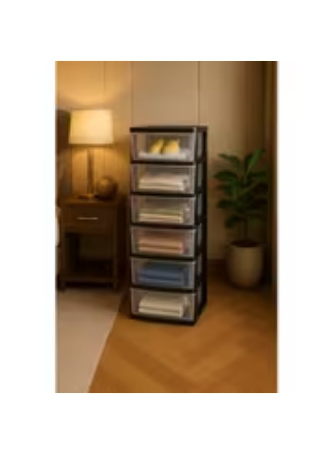 إيروريكس خزانة تخزين منزلية بـ 6 أدراج باللونين الشفاف والأسود – منظم أنيق متعدد الأدراج بمقاس 40×34×134 سم للشقق والخزائن - Image 2