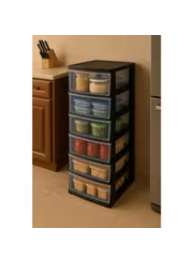 إيروريكس خزانة تخزين منزلية بـ 6 أدراج باللونين الشفاف والأسود – منظم أنيق متعدد الأدراج بمقاس 40×34×134 سم للشقق والخزائن - Image 1