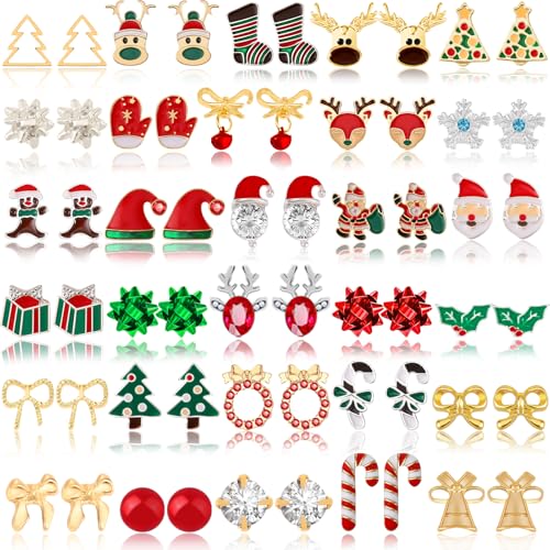 Gushu 30 Pairs Christmas Earrings for Women, Xmas Gifts Holiday Cute Stud Earrings Hypoallergenic Christmas Tree Snowflake Bow Snowman Stocking Santa Claus Elk Stud Festive Party Jewelry Gifts - Image 1