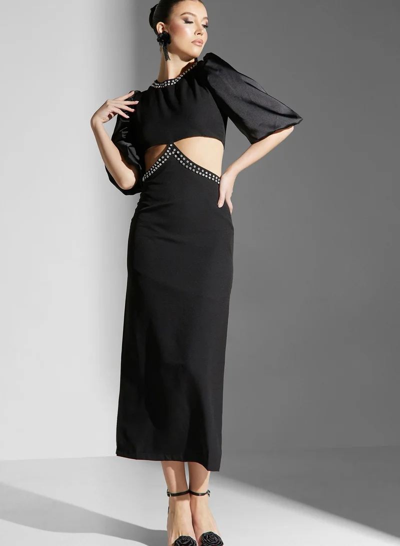 ELLA Shouq Waist Cut Out Statement Puff Sleeve Dress