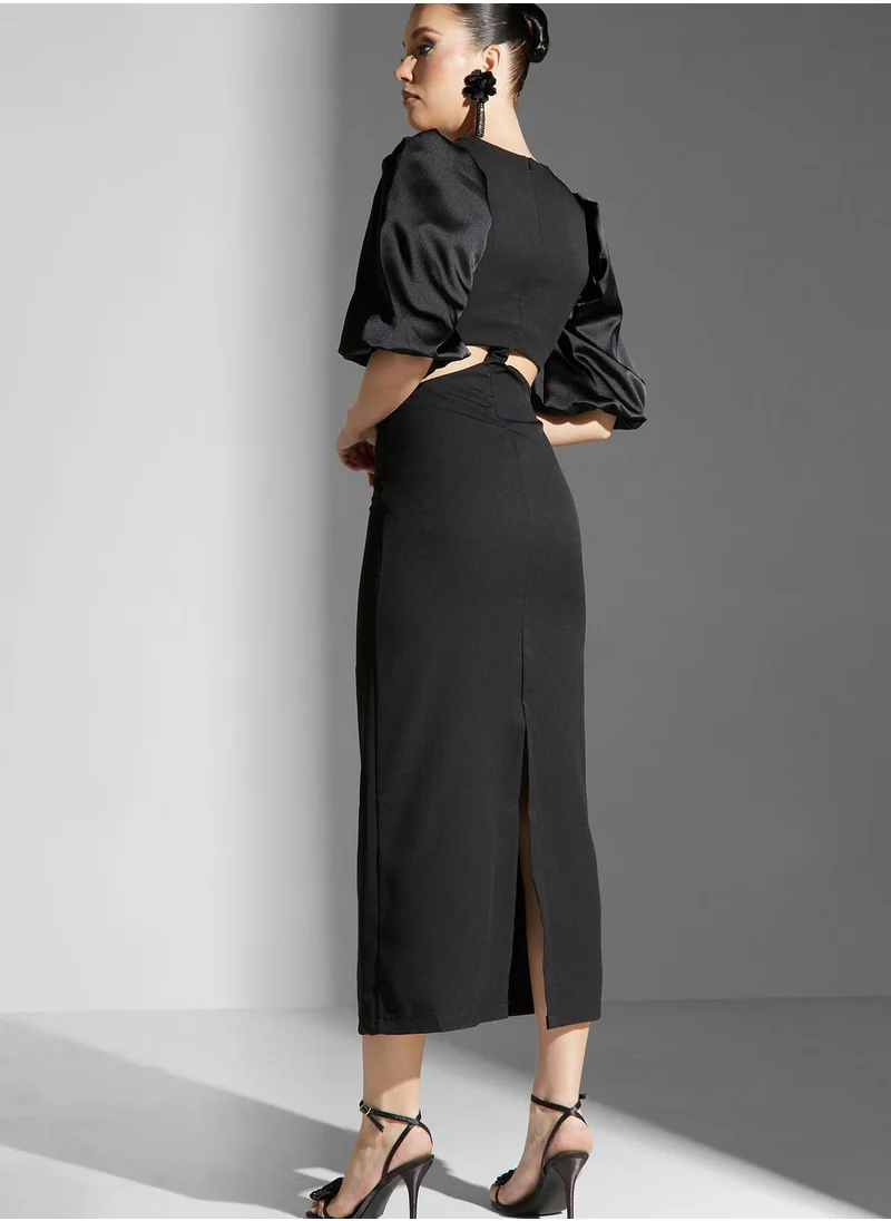 ELLA Shouq Waist Cut Out Statement Puff Sleeve Dress