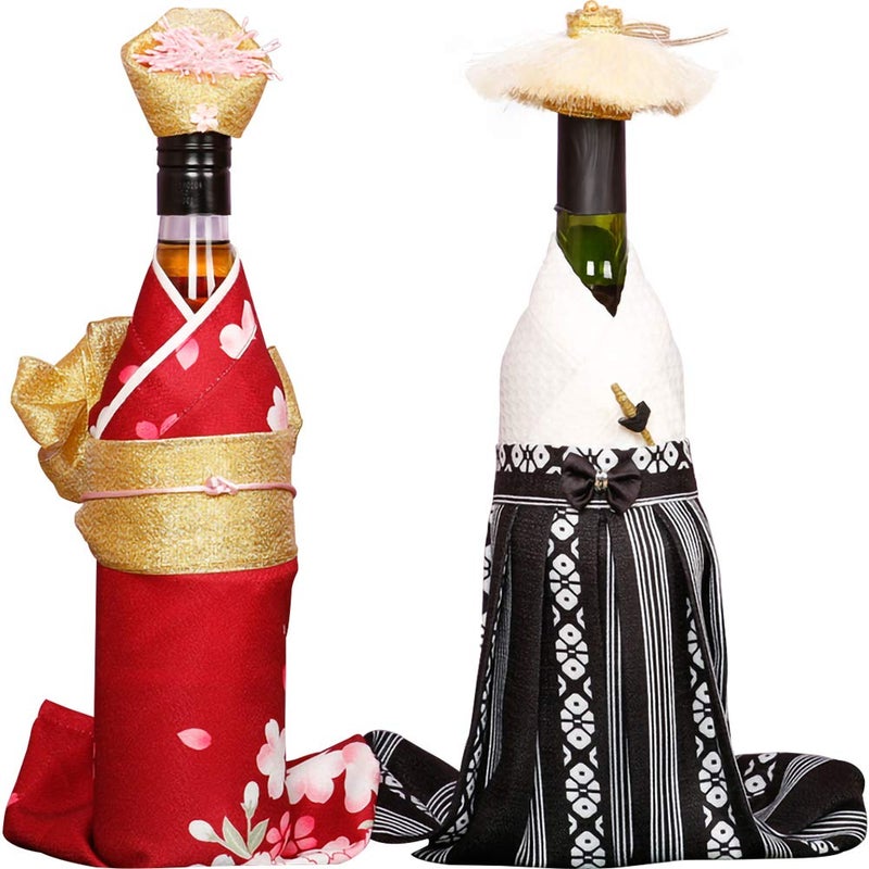 Kelendle 2Pcs Creative Japanese Kimono Bottle Cover with Hats Wine Bottle Sleeve Protector Champagne Bottle Dress for Wine Cabinet Decoration RedBlack - Image 2