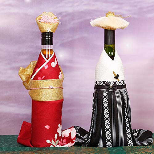 Kelendle 2Pcs Creative Japanese Kimono Bottle Cover with Hats Wine Bottle Sleeve Protector Champagne Bottle Dress for Wine Cabinet Decoration RedBlack - Image 3