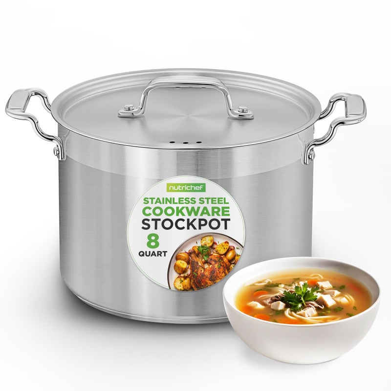 NutriChef 8 Qt HeavyDuty Stockpot with Stainless Steel Lid  Induction Compatible Cooking Pot Ideal for Soups and Stews