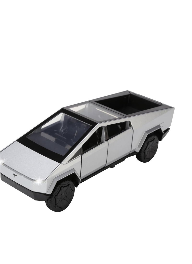 M MIAOYAN - Cybertruck Toy Truck for Boys 3 4 5 6 7 Years Old 1:32 Die-cast Metal Pickup Truck Toy for Boys 3-8 Years Old with Lights and Sounds Pull Back Toy Car for Kids Gift (Silver) - Image 1
