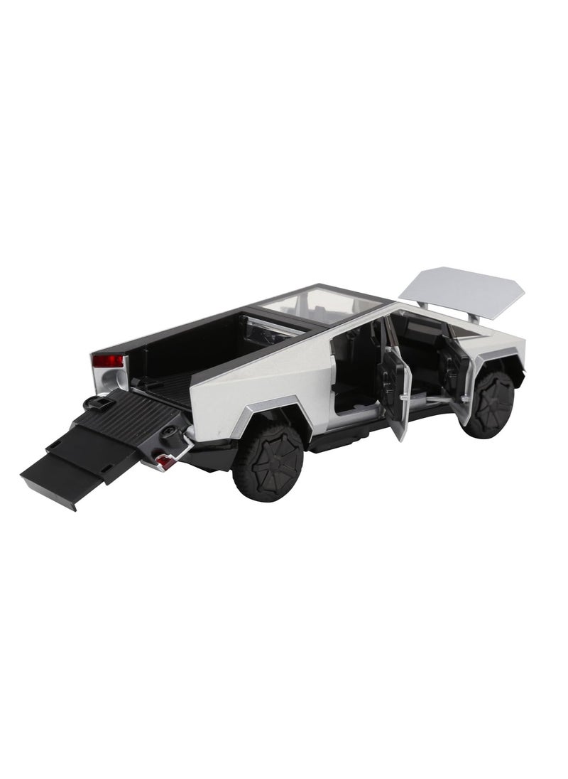 M MIAOYAN - Cybertruck Toy Truck for Boys 3 4 5 6 7 Years Old 1:32 Die-cast Metal Pickup Truck Toy for Boys 3-8 Years Old with Lights and Sounds Pull Back Toy Car for Kids Gift (Silver) - Image 1
