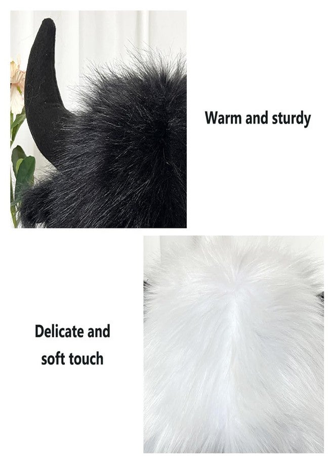 EHERDM Buffalo Hat with Horns Artificial Fur Cowhorn Hat Plush Fluffy Faux Fur 2-in-1 Earflap Furry Earmuff and Hat Animal Cosplay Costume Fashion Warm Supplies in Winter White - Image 4