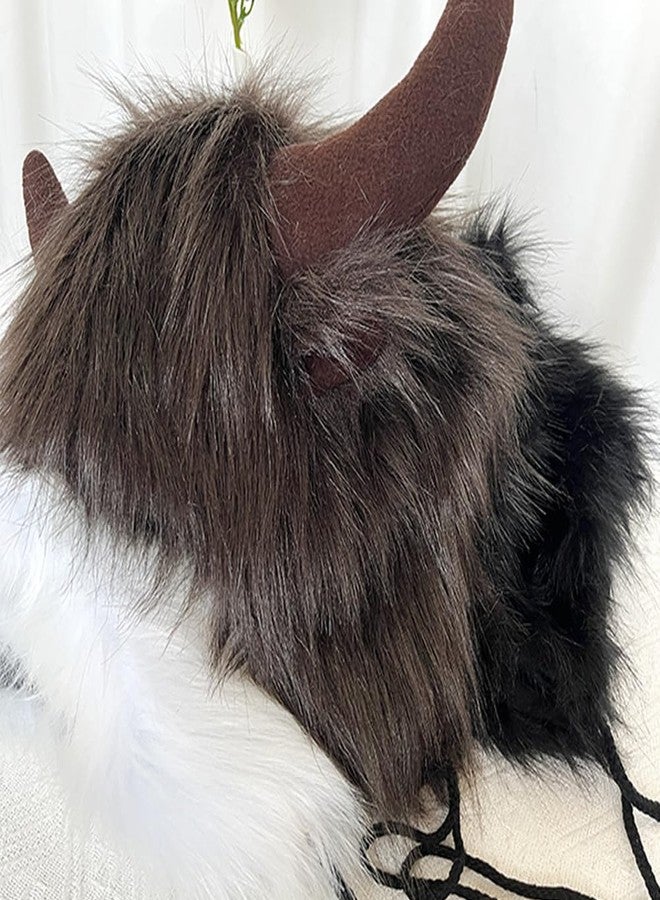 EHERDM Buffalo Hat with Horns Artificial Fur Cowhorn Hat Plush Fluffy Faux Fur 2-in-1 Earflap Furry Earmuff and Hat Animal Cosplay Costume Fashion Warm Supplies in Winter White - Image 5