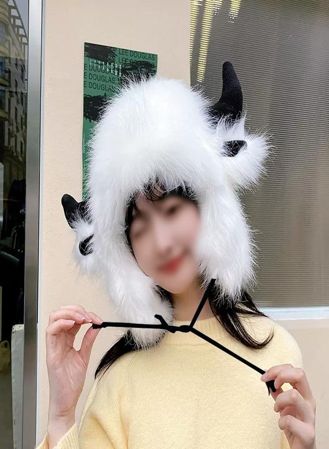 EHERDM Buffalo Hat with Horns Artificial Fur Cowhorn Hat Plush Fluffy Faux Fur 2-in-1 Earflap Furry Earmuff and Hat Animal Cosplay Costume Fashion Warm Supplies in Winter White - Image 2